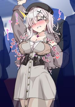 1girl absurdres ahoge asymmetrical_bangs black_choker black_corset blush bow_print breasts chikan choker cleavage corset dress embroidery embroidery eyes_visible_through_hair frilled_corset frilled_jacket frills grabbing_another's_breast groping hair_ornament hair_over_one_eye highres jacket large_breasts long_hair mole mole_under_eye molestation nijisanji nipple_rub nipple_stimulation open_mouth pendant_choker see-through_clothes see-through_dress sukoya_kana sukoya_kana_(5th_costume) ume_shiri_vvv virtual_youtuber x_(symbol) x_hair_ornament