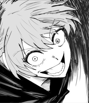 Rule 34 | 1girl, :d, alternate costume, blue archive, commentary request, cosplay, crazy eyes, gojo satoru, gojo satoru (cosplay), greyscale, hair between eyes, heterochromia, highres, hoshino (blue archive), j a c k, jujutsu kaisen, monochrome, motion lines, open mouth, scene reference, smile, solo, speed lines, teeth, v-shaped eyebrows