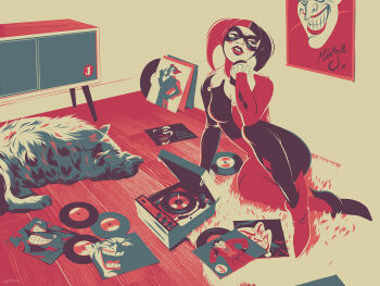 1girl arm_support batman:_the_animated_series batman_(series) blue_eyes blush bodysuit breasts bud_and_lou dc_comics domino_mask english_text eye_mask female_focus fish grin harley_quinn hyena indoors lips mask matt_taylor medium_breasts open_mouth parted_lips phonograph poster_(object) red_eyes rug sitting smile solo the_joker vinyl_record wooden_floor