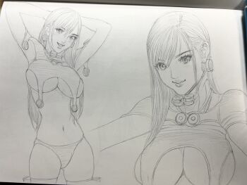 1girl arms_behind_head arms_up breasts commentary_request gantz gantz_suit highres large_breasts lips long_hair monochrome multiple_persona navel oku_hiroya panties parted_lips sketch solo teeth underboob underwear upper_teeth_only