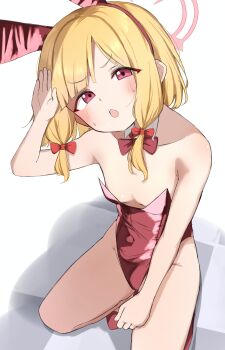 1girl absurdres animal_ear_hairband animal_ears arm_up bare_arms bare_legs bare_shoulders blonde_hair blue_archive blunt_bangs blush bow bowtie breasts cameltoe chestnut_mouth clenched_hand collar collarbone covered_navel detached_collar fake_animal_ears hair_bow hairband half-closed_eyes halo hand_to_head hand_up head_tilt highleg highleg_leotard highres leotard loli looking_at_viewer low-tied_sidelocks low_twintails medium_hair momoi_(blue_archive) open_mouth oversized_breast_cup parted_bangs pink_halo playboy_bunny rabbit_ears red_bow red_bowtie red_eyes red_hairband red_halo red_leotard red_shoes salute shoes sidelocks simple_background small_breasts solo squatting strapless strapless_leotard sweatdrop teeth thighs twintails upper_teeth_only v-shaped_eyebrows v_hobby white_background white_collar