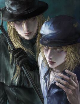 2boys 9eujang beard black_capelet black_coat black_gloves black_hat blonde_hair blue_eyes blue_hat cane capelet closed_mouth coat commentary copyright_request cosplay_request english_commentary facial_hair gloves green_eyes gyro_zeppeli hat highres holding holding_cane jewelry johnny_joestar jojo_no_kimyou_na_bouken long_hair looking_at_another male_focus medium_hair multiple_boys newsboy_cap ring scar scar_on_neck shirt steel_ball_run stitches upper_body white_shirt