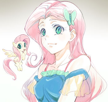 1girl 5mmumm5 animal arms_at_sides bare_shoulders blue_dress breasts brown_background butterfly_hair_ornament closed_mouth collarbone commentary curtained_hair cutie_mark dress dual_persona english_commentary fluttershy fluttershy_(equestria_girls) frilled_sleeves frills from_below gradient_background green_eyes hair_behind_ear hair_ornament halterneck highres long_hair looking_at_viewer my_little_pony my_little_pony:_equestria_girls my_little_pony:_friendship_is_magic off-shoulder_dress off_shoulder official_alternate_costume pale_skin pegasus pink_hair pink_tail see-through_clothes see-through_sleeves short_sleeves simple_background small_breasts smile solo tareme two-tone_background upper_body white_background yellow_sleeves