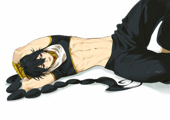 1boy abs arabian_clothes arms_behind_head arms_up barefoot black_hair black_pants black_shirt bracer commentary crop_top english_commentary gem gold_bracer groin hair_between_eyes highres jewelry judal long_hair looking_ahead lying magi_the_labyrinth_of_magic male_focus midriff multi-tied_hair navel necklace ngop on_side open_mouth pants red_eyes red_gemstone shirt simple_background solo toned toned_male white_background