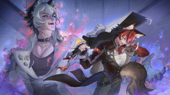 absurdres animal_ears annoyed bandaged_arm bandages black_jacket black_shirt commentary_request dog_boy dog_ears dog_tail evil_smile grey_jacket highres holding holding_sword holding_weapon huge_weapon jacket komano_manato komano_manato_(white_heart_silhouette) looking_back muscular muscular_male muyimuyi0822 over_shoulder red_bandage shirt smile sword sword_over_shoulder tail weapon weapon_over_shoulder white_shirt zenless_zone_zero