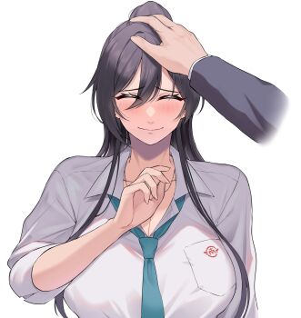 1boy 1girl ^_^ aqua_necktie blush breasts closed_eyes commentary_request disembodied_arm facing_viewer hair_between_eyes hand_on_another's_head hetero highres idolmaster idolmaster_shiny_colors large_breasts necktie open_collar ponytail pov pov_hands randompeeps school_uniform shirase_sakuya shirt simple_background smile upper_body white_background white_shirt