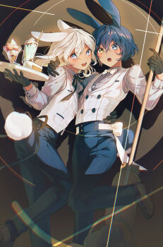 Rule 34 | 2boys, absurdres, animal ears, arm around shoulder, arm around waist, arm up, black gloves, black ribbon, black shoes, blue eyes, blue hair, blue pants, blush, bow, bowtie, cake, cake slice, collared shirt, commentary, desert, dot nose, double-parted bangs, floating hair, food, gloves, grey shirt, heterochromia, highres, lapels, lella nyam, male focus, metaphor: refantazio, milkshake, multiple boys, neck ribbon, pants, parfait, patterned clothing, protagonist (metaphor: refantazio), rabbit boy, rabbit ears, rabbit tail, ribbon, shirt, shoes, short hair, sleeve cuffs, smile, standing, standing on one leg, tail, teeth, the prince (metaphor: refantazio), upper teeth only, vest, white bow, white bowtie, white hair, white vest, yellow eyes
