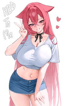 1girl absurdres animal_ears black_ribbon blue_skirt blush breasts cleavage collarbone commentary contrapposto english_commentary eyeshadow grin hair_between_eyes hair_over_shoulder hand_on_own_thigh happy_birthday highres huge_breasts kono_(xerondan321) long_hair looking_at_viewer makeup midriff navel neck_ribbon original pink_eyeshadow pink_hair purple_eyes ribbon shirt short_sleeves simple_background skirt smile solo stomach thighs v white_background white_shirt