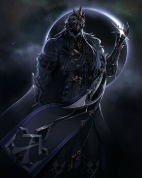 1boy absurdres arm_belt arm_up belt black_belt black_coat black_hair black_helmet black_shirt black_theme capitano_(genshin_impact) coat commentary eclipse english_commentary feet_out_of_frame gauntlets genshin_impact helmet highres klaudea_x long_hair male_focus shirt sky solo space standing star_(sky) starry_sky