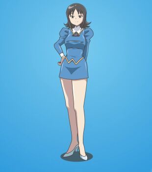 1girl agent_aika aika_(series) alternate_breast_size_(larger) ascot bare_legs black_ascot black_hair blue_background blue_delmo blue_skirt breasts brown_eyes covered_erect_nipples covered_navel curvy delmo delmogeny_uniform female_focus full_body hand_on_own_hip highres juliet_sleeves kuroyoshi long_sleeves medium_breasts miniskirt pencil_skirt puffy_sleeves short_hair skirt smile solo standing waitress_delmo wide_hips