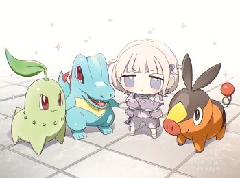1girl bancho_(todoroki_hajime) blonde_hair blue_skin chibi chikorita closed_mouth colored_skin commentary_request crossed_arms gen_2_pokemon gen_5_pokemon highres hololive hololive_dev_is humi_kaga leaf long_sleeves looking_at_viewer multicolored_hair nintendo pokemon pokemon_(creature) pokemon_legends:_z-a purple_eyes purple_hair red_eyes sharp_teeth short_hair sparkle standing starter_pokemon_trio streaked_hair teeth tepig todoroki_hajime todoroki_hajime_(1st_costume) totodile two_side_up virtual_youtuber