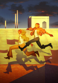 2boys belly black_hair blazer bomber_jacket brown_hair buzz_cut cloud dark_cloud disco_elysium floating from_side full_body glasses gloves green_jacket green_necktie harry_du_bois highres jacket jumping kim_kitsuragi male_focus multiple_boys necktie nurve26 orange_gloves orange_jacket outdoors outstretched_arm outstretched_leg running shadow shirt shirt_tucked_in short_hair sunset very_short_hair white_shirt