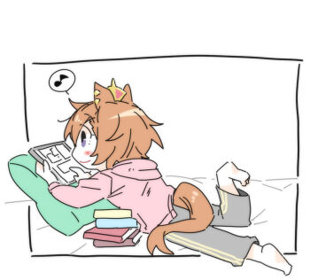 Rule 34 | 1girl, barefoot, bed sheet, beer hsk, book, book stack, brown hair, chibi, closed mouth, commentary request, crown, eighth note, full body, grey pants, hair between eyes, holding, hood, hood down, hoodie, lying, mini crown, musical note, on stomach, pants, pillow, pink hoodie, purple eyes, smile, soles, solo, spoken musical note, t.m. opera o (umamusume), tablet pc, umamusume