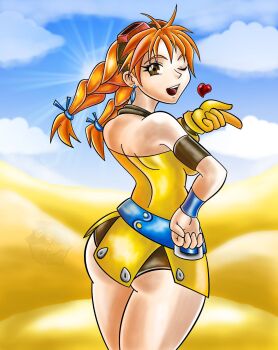 1girl aika_(eternal_arcadia) ass back belt blowing_kiss braid breasts brown_eyes curvy desert earrings eternal_arcadia fuillteach gloves goblinhordestudios goggles goggles_on_head hair_ornament hand_on_own_hip heart highres huge_ass jewelry large_breasts legs long_hair looking_at_viewer looking_back one_eye_closed orange_hair sega shiny_skin sideboob smile thick_thighs thighs twin_braids wink