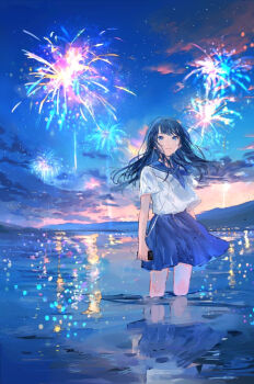 1girl black_hair blue_eyes cellphone copyright_request earphones fireworks fuyuno_yozora hagimorijia long_hair mountain ocean phone reflection reflective_liquid school_uniform serafuku skirt solo tearing_up