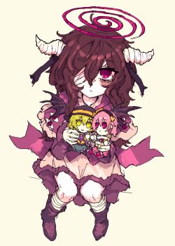 Rule 34 | 1girl, bandage over one eye, bandaged leg, bandages, blush, boots, brown boots, brown hair, character doll, character request, commentary, commission, copyright request, doll, dress, english commentary, fumo (doll), hair between eyes, halo, highres, holding, holding doll, horns, komeiji koishi, komeiji satori, long hair, pink dress, pink eyes, rampa93, simple background, solo, touhou, yellow background