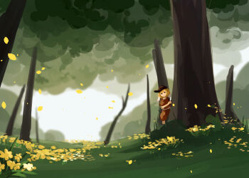 1girl :o animal_ears behind_tree blonde_hair brown_hat dango falling_petals flower flower_request food frilled_shirt frilled_shorts frills furahata_gen giant_tree hat highres holding holding_food leaf looking_at_viewer orange_shirt orange_shorts petals rabbit_ears rabbit_girl red_eyes ringo_(touhou) shirt short_hair short_sleeves shorts solo teeth touhou tree upper_teeth_only wagashi