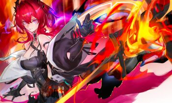 1girl arknights arknights:_endfield bare_shoulders black_dress black_gloves black_horns breasts cleavage closed_mouth commentary cowboy_shot demon_horns dress fire flaming_sword flaming_weapon gloves hair_between_eyes hair_intakes highres horns laevatein_(arknights) large_breasts light_smile long_hair looking_at_viewer purple_eyes red_hair rukomata_99 solo standing surtr_(arknights) sword weapon