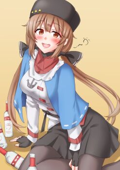Rule 34 | 1girl, alcohol, anchor necklace, anti (untea9), black bow, black hat, blue shawl, blush, bottle, bow, brown eyes, brown hair, commentary request, drunk, fur hat, hair between eyes, hair bow, hair ornament, hairclip, hammer and sickle, hat, jacket, jewelry, kantai collection, long hair, low twintails, necklace, open mouth, papakha, red shirt, russian clothes, scarf, shawl, shirt, sitting, skirt, solo, tashkent (kancolle), torn clothes, torn scarf, twintails, vodka, white scarf, yellow background
