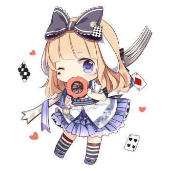 1girl ace_(playing_card) ace_of_diamonds alice&#039;s_adventures_in_wonderland alice_(alice_in_wonderland) animal_ears back_bow belt black_belt black_bow black_bowtie black_socks blonde_hair blue_bow blue_eyes blue_shoes blue_skirt blue_vest blunt_bangs bow bowtie brooch card carrying_over_shoulder center_frills chibi chinese_commentary clock clock_hat_ornament closed_mouth commentary_request diamond_(shape) diamond_brooch diamond_facial_mark donut eating eyelashes facial_mark floating_card food food_in_mouth footwear_bow fork frilled_skirt frills hair_bow happy hat_ornament heart holding holding_food holding_fork jewelry kexi_shi_ge_hentai kneehighs lace-trimmed_bow lace_trim leg_belt light_blush lolita_fashion long_hair looking_at_viewer lop_rabbit_ears marking_on_cheek mary_janes military_alice_(miracle_nikki) miniskirt miracle_nikki nikki_(series) one_eye_closed oversized_object playing_card playing_card_hat_ornament pleated_skirt puffy_short_sleeves puffy_sleeves rabbit_ears ribbed_socks shirt shoes short_sleeves simple_background skirt smile socks solo sprinkles standing striped_bow striped_bowtie striped_clothes striped_skirt striped_socks striped_vest tareme two-tone_socks vertical-striped_clothes vertical-striped_skirt vertical-striped_vest vest white_background white_shirt white_socks