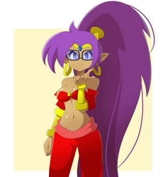 Rule 34 | 1girl, ackchyually (meme), blue eyes, bracer, breasts, dark-skinned female, dark skin, earrings, glasses, harem outfit, harem pants, highres, jewelry, long hair, looking at viewer, medium breasts, meme, midriff, navel, nerd emoji, pants, ponytail, purple hair, shantae, shantae (series), very long hair, y2yes2