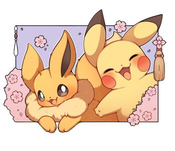 Rule 34 | absurdres, animal focus, blush, brown eyes, cherry blossoms, closed eyes, commentary, eevee, english commentary, gen 1 pokemon, happy, highres, nintendo, open mouth, pikachu, pokemon, pokemon (creature), pokemon focus, sevi (seviyummy), smile, tassel