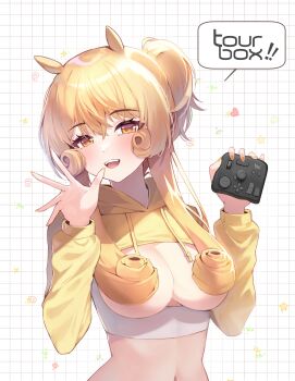 1girl :d absurdres animal_ears blonde_hair blush breasts breasts_out chung_(ugwa) cleavage commentary_request controller convenient_censoring crop_top curly_hair drawstring framed_breasts game_controller hair_over_breasts hand_up highres holding holding_controller holding_game_controller korean_commentary large_breasts long_hair long_sleeves looking_at_viewer nail_polish navel one_side_up open_mouth orange_eyes orange_nails original smile solo speech_bubble teeth tourbox ugwa upper_body upper_teeth_only