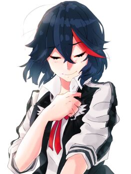 1girl a6i_dy blush closed_eyes closed_mouth collared_jacket commentary_request crossed_bangs hair_between_eyes hand_on_own_chest jacket kill_la_kill matoi_ryuuko medium_hair multicolored_hair neck_ribbon red_ribbon red_streaks ribbon simple_background smile solo two-tone_hair upper_body white_background white_jacket