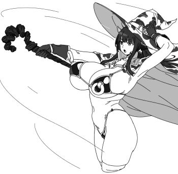 1girl :o animal_ears animal_print arm_up armor armpits bell belt belt_buckle bikini_armor blunt_bangs breasts buckle cape choker cleavage collarbone collared_cape cone_horns cow_ears cow_girl cow_print cropped_legs ear_tag floating_cape floating_hair gloves greyscale hand_on_headwear hand_on_own_hat hat hat_belt hat_ornament high-waist_bikini highres holding holding_staff horns houtengeki huge_breasts large_hat long_hair monochrome motion_lines navel open_mouth original outstretched_arm revealing_clothes sidelocks skindentation skull_hat_ornament solo staff straight_hair wind witch witch_hat wooden_staff