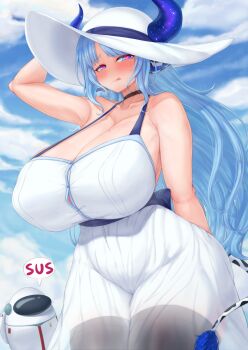 1girl amogus animal_ears black_thighhighs blue_eyes blue_hair blue_horns blue_sky breasts cloud cow_ears cow_girl cow_horns cow_tail cream_cod crewmate_(among_us) day dress hat heart heart-shaped_pupils highres horns huge_breasts indie_virtual_youtuber licking_lips long_hair miilkywayz outdoors sky sleeveless sleeveless_dress smile standing sun_hat sundress symbol-shaped_pupils tail thighhighs tongue tongue_out virtual_youtuber white_dress white_headwear