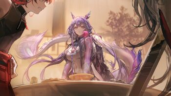 Rule 34 | 1boy, 1girl, 1other, annoyed, arknights, arm tattoo, arms at sides, artist request, black jacket, closed mouth, dragon tail, dress, earrings, eastern dragon tail, game cg, highres, horns, indoors, jacket, jacket on shoulders, jewelry, jun (arknights), official art, pom pom (clothes), pom pom earrings, purple eyes, purple hair, sleeveless, solo focus, table, tail, tattoo, third-party source, upper body, variant set, white dress, ya (arknights), yu (arknights)