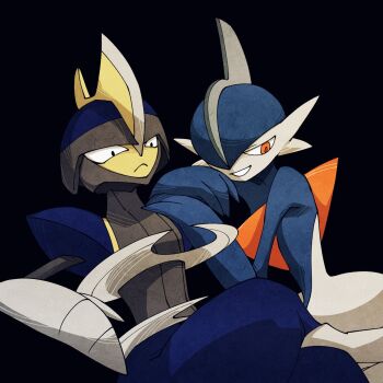 2others alternate_color arm_blade arm_rest bisharp black_background blue_helmet blue_trim colored_skin crossed_legs facing_another facing_to_the_side gallade gen_4_pokemon gen_5_pokemon grey_helmet grey_trim grin hair_over_one_eye half-closed_eyes hand_on_another&#039;s_shoulder head_rest helmet high_contrast highres invisible_chair kneeling leaning_back leaning_on_person looking_to_the_side mohawk multicolored_skin multiple_others nintendo on_ground out_of_frame pokemon pokemon_(creature) pokemon_focus red_eyes shiny_pokemon shoulder_pads sitting smile turning_head two-tone_helmet two-tone_skin umi-be-to upper_body weapon wide_hips