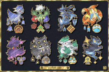abomasnow badge badge_(pokemon) bastiodon beacon_badge black_background character_charm charm_(object) coal_badge cobble_badge commentary_request cranidos english_text fen_badge floatzel forest_badge gen_4_pokemon gold_border icicle_badge kanna_(kan419_k) lucario luxray mine_badge mismagius nintendo poke_ball_symbol pokemon pokemon_(creature) pokemon_dppt relic_badge roserade