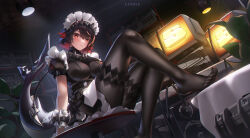Rule 34 | 1girl, artist name, black hair, black pantyhose, blush, breasts, chair, ellen joe, fins, fish tail, frilled wrist cuffs, frills, hair between eyes, highres, knee up, large breasts, ling dianxia, looking at viewer, maid, maid headdress, multicolored hair, nail polish, pantyhose, red eyes, red hair, red nails, shark tail, short hair, sitting, solo, table, tablecloth, tail, toenail polish, toenails, toes, two-tone hair, unconventional maid, wrist cuffs, zenless zone zero