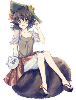 1girl :d animal_ears bell black_sandals bloomers blush bottle brown_eyes brown_hair brown_shirt brown_skirt collarbone female_focus full_body futatsuiwa_mamizou glasses hair_between_eyes hand_up hat hat_ribbon highres jingle_bell leaf_hat looking_at_viewer okobo open_mouth platform_sandals raccoon_ears raccoon_tail ribbon round_eyewear sake_bottle sandals shirt short_hair short_sleeves simple_background sitting skirt smile solo tail touhou translation_request underwear uranaishi_(miraura) white_background white_bloomers yellow_ribbon
