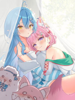 Rule 34 | 2girls, absurdres, ahoge, animal ears, blue cardigan, blue hair, blush, braid, branch, camisole, cardigan, choker, closed mouth, commentary, daifuku (yukihana lamy), fingernails, frilled choker, frills, green hoodie, hair ornament, hair ribbon, hairclip, hakui koyori, hakui koyori (summer), heart, heart ahoge, highres, hololive, hood, hoodie, kokoro (hakui koyori), lets sleeping, long hair, long sleeves, medium hair, multicolored hair, multiple girls, nail polish, navel, pink choker, pink hair, pink ribbon, pink tail, polka dot camisole, purple eyes, ribbon, smile, strap slip, streaked hair, striped cardigan, tail, thighs, two-tone choker, two-tone hoodie, virtual youtuber, white camisole, white choker, white hoodie, wolf ears, wolf girl, wolf tail, yellow eyes, yukihana lamy, yukihana lamy (roomwear), yukimin (yukihana lamy)