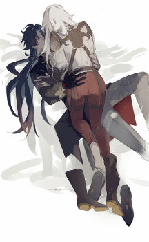 2boys barefoot black_hair chinese_clothes grey_pants highres honkai:_star_rail honkai_(series) jing_yuan long_hair looking_at_another lying male_focus mississipping multiple_boys on_back pants red_pants simple_background white_hair yaoi