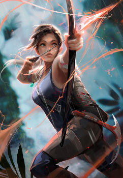 1girl aiming arrow_(projectile) backpack bag bandaged_arm bandages blue_eyes blue_tank_top bow_(weapon) breasts brown_hair brown_pants commentary english_commentary highres holding holding_bow_(weapon) holding_weapon ice_axe knee_pads lara_croft lips long_hair medium_breasts official_art pants ponytail rain ross_tran solo tank_top tomb_raider tomb_raider_(reboot) twisted_torso weapon