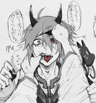 1boy 1other ahoge anger_vein cat_mask chain collar eyepatch eyepatch_lift fangs finger_to_another&#039;s_mouth greyscale hair_between_eyes heterochromia highres horns identity_v looking_at_viewer luca_balsa luca_balsa_(oni) male_focus mask metal_collar monochrome official_alternate_costume oni red_eyes saliva sidelocks slit_pupils spot_color sweat tongue tongue_out translation_request wide_sleeves y4ni2a