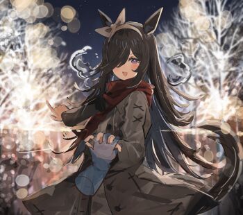 1girl animal_ears blurry bokeh brown_hair coat cold commentary_request depth_of_field disembodied_hand grey_coat hair_over_one_eye highres holding_hands horse_ears horse_girl horse_tail long_hair looking_at_viewer night open_mouth purple_eyes red_scarf rice_shower_(umamusume) scarf snow steam tail the_olphy umamusume