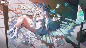 1girl asymmetrical_sleeves bandaged_head bandages breasts bug butterfly china_dress chinese_clothes chinese_commentary cleavage commentary_request covered_navel dress floral_print full_body gem gloves goddess_of_victory:_nikke grey_hair hair_ornament hair_ribbon highres insect jewelry large_breasts long_hair long_sleeves lying modernia_(nikke) necklace official_alternate_costume official_art on_side red_eyes red_gem ribbon see-through_clothes see-through_dress shoes silver_necklace single_glove smile tassel tassel_hair_ornament white_dress white_gloves white_shoes