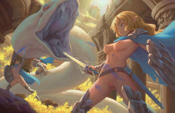 3girls bigrbear blonde_hair blue_cape blue_eyes breasts cape cleft_of_venus fighting highres holding holding_shield holding_sword holding_weapon long_hair medium_breasts monster multiple_girls navel nipples nude original outdoors paint paint_on_body pointy_ears pussy shield snake standing sword uncensored weapon