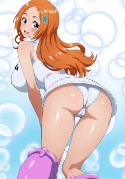 1girl alternate_costume ass bleach boots breasts cameltoe collared_leotard cosplay embarrassed english_text gradient_background hair_ornament hairclip hairstyle_connection highres hood hoodie huge_ass inoue_orihime large_breasts leotard long_hair looking_at_viewer looking_back nami_(one_piece) nami_(one_piece)_(cosplay) nami_(one_piece)_(egghead) one_piece orange_eyes orange_hair pink_boots radio_antenna sleeveless sleeveless_hoodie smile solo surprised thighs tonbi_(enbitonbi) trait_connection wide_hips