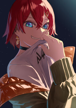 Rule 34 | 1girl, absurdres, ange katrina, ange katrina (casual), aqua eyes, black background, black choker, choker, clothes grab, collar tug, crossed bangs, double-parted bangs, earrings, eyelashes, gold earrings, grey jacket, grin, hair between eyes, hair ornament, hairclip, hand up, hashtag-only commentary, highres, jacket, jewelry, kamo sugara, light particles, long sleeves, looking at viewer, multicolored eyes, nijisanji, off shoulder, orange jacket, purple eyes, quilted jacket, red hair, shirt, short hair, single earring, smile, solo, t-shirt, triangle earrings, two-sided fabric, two-sided jacket, two-tone eyes, upper body, virtual youtuber, white shirt