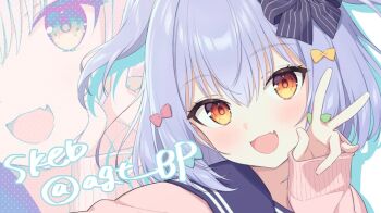 1boy agata_(agatha) blue_hair blue_sailor_collar bow cardigan commission crossdressing crossdressing_(mtf) drop_shadow hair_bow inuyama_tamaki inuyama_tamaki_(1st_costume) male_focus medium_hair multiple_hair_bows noripro pink_cardigan sailor_collar skeb_commission smile solo trap two_side_up upper_body v virtual_youtuber zoom_layer