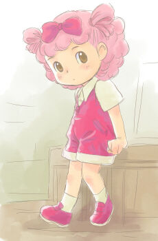 1girl arm_support blush bow brown_eyes curly_hair hair_bow hair_rings humanization looking_at_viewer makiba_ramurin overalls pink_bow pink_hair red_overalls red_shoes shima_shima_tora_no_shimajirou shirt shoes short_hair short_sleeves socks standing twintails white_shirt white_socks yamanokonza