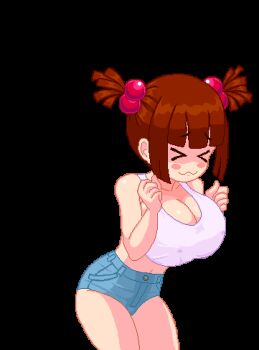 >_< 1girl :3 air-strip_angel animated bare_shoulders blair_(air-strip_angel) blunt_bangs blush_stickers bouncing_breasts bra breasts bursting_breasts cleavage closed_eyes collarbone covered_erect_nipples denim denim_shorts female_focus freckles hair_bobbles hair_ornament hands_up huge_breasts looping_animation oppai_loli pixel_art pointing pointing_at_self purple_bra red_hair shiny_skin short_hair short_shorts short_twintails shorts smile solo sprite standing tank_top tim-buktu transparent_background twintails undersized_breast_cup undersized_clothes underwear