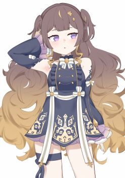 1girl absurdres anya_melfissa anya_melfissa_(1st_costume) black_dress blonde_hair blush bow brown_hair detached_sleeves dress gradient_hair hair_ornament highres hololive hololive_indonesia kris_hair_ornament long_hair multicolored_hair open_mouth patchwork_skin purple_eyes shift_(shiftillust) single_ankle_cuff solo streaked_hair two_side_up very_long_hair virtual_youtuber white_background