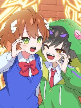 Rule 34 | 2girls, animal hood, anime coloring, anno akira, artist request, black hair, blue sweater vest, bow, bowtie, brick wall, brown hair, commentary request, dragon musume ni naritakunai!, duel masters, green eyes, green hoodie, hair ornament, heart, heart hands, heart hands duo, highres, hood, hood up, hoodie, hoshi feruki, looking at viewer, multicolored hair, multiple girls, necktie, official art, one eye closed, open mouth, orange eyes, purple hair, red bow, red bowtie, red necktie, sharp teeth, shirt, sweater vest, teeth, upper body, upper teeth only, white shirt