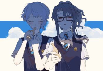 2girls asymmetrical_bangs black-framed_eyewear black_hair blush border bow bowtie closed_eyes cloud cloudy_sky cola collared_shirt diagonal-striped_bow diagonal-striped_bowtie diagonal-striped_clothes drink drinking emblem fluffy_hair glasses hair_intakes hand_on_own_neck high_ponytail hot idolmaster idolmaster_million_live! idolmaster_million_live!_theater_days long_hair makabe_mizuki multiple_girls nfmmpx_zfmmpx open_mouth parted_lips ponytail purple_hair red_eyes school_uniform shade shirt short_bangs short_hair short_sleeves sidelocks simple_background sky striped_bow striped_bowtie striped_clothes summer summer_highschool_(idolmaster) summer_uniform sweat sweatdrop sweater_vest takayama_sayoko white_border white_shirt wind